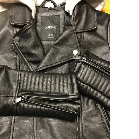 Ardene Black Moto Jacket Biker Style Detachable Knit Hood Vegan Leather - Picture 7 of 7